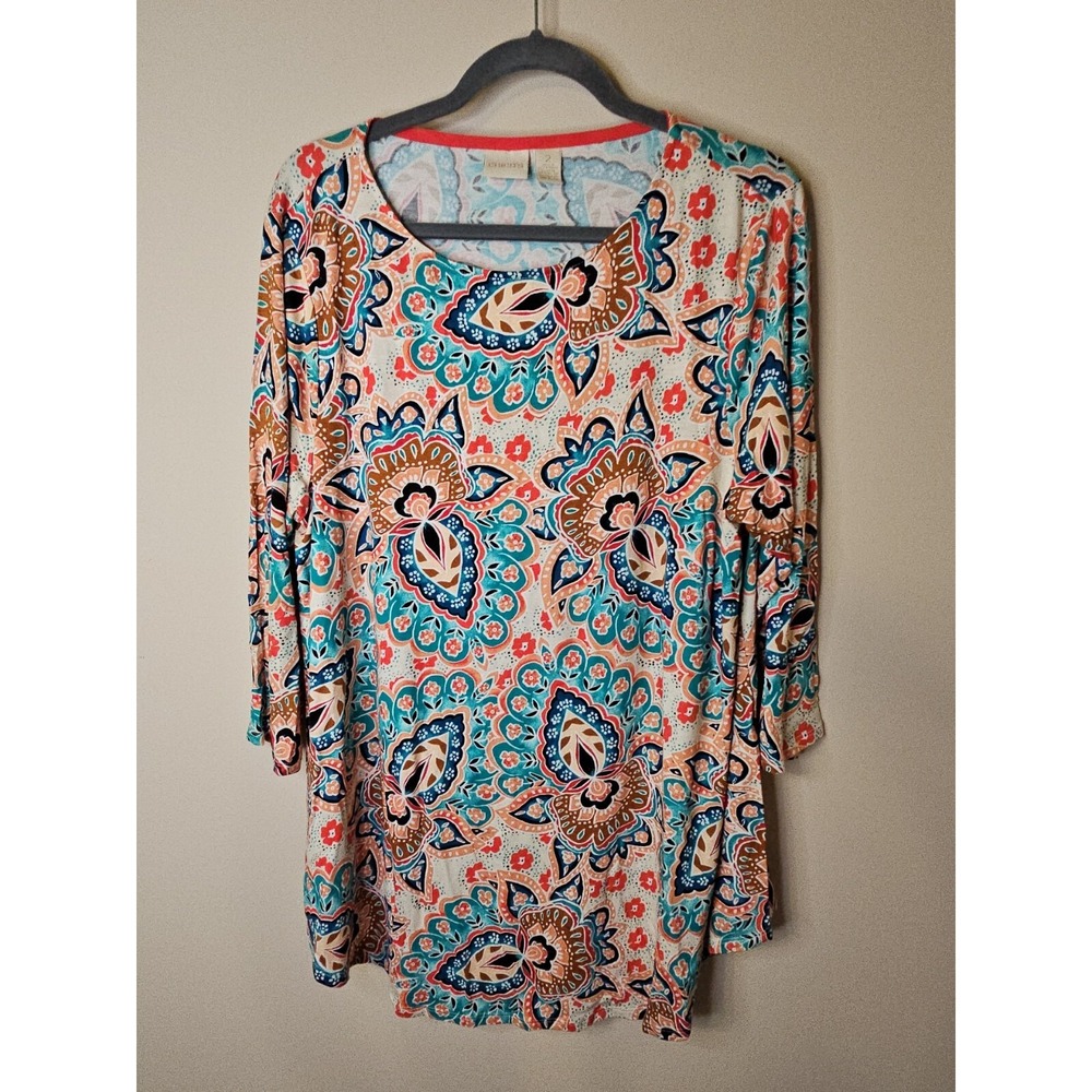 Chico's Blouse Women's 2 Large 12 Aqua Peach Floral Cottagecore Boho Tunic Top